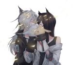  2girls animal_ears arknights black_hair closed_mouth doll grey_hair hand_puppet holding holding_doll jacket kiss lappland_(arknights) long_hair multiple_girls puppet senkane silver_hair simple_background texas_(arknights) vest white_background wolf_ears wolf_girl yuri 
