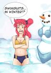  1girl anna_(fire_emblem) bikini blue_bikini_bottom carrot confused crossed_arms english_commentary fire_emblem fire_emblem_heroes frozen intelligent_systems navel nintendo open_mouth pinktransbian ponytail red_eyes redhead scrunchie simple_background snow snowman solo speech_bubble swimsuit tears upper_teeth what winter yellow_bikini_top 