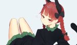  1girl :3 animal_ear_fluff animal_ears blush bow braid cat_ears cat_tail dress extra_ears green_dress heart highres kaenbyou_rin kuromori_o looking_at_viewer red_eyes redhead simple_background smile smug solo spoken_heart tail touhou twin_braids 