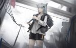  1girl absurdres animal_ears arknights backpack bag building clouds cloudy_sky coat cup grey_eyes grey_hair hairband highres holding holding_cup lappland_(arknights) long_hair open_mouth outdoors scar scar_across_eye senkane shirt shorts silver_hair sky solo tail utility_pole wolf_ears wolf_girl wolf_tail 