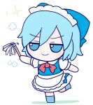  1girl blue_bow blue_dress blue_eyes blue_footwear blue_hair bow character_doll chibi cirno collared_shirt doll dress dust duster fumo_(doll) hair_bow long_dress maid maid_headdress neck_ribbon no_wings pinafore_dress puffy_short_sleeves puffy_sleeves red_neckwear rei_(tonbo0430) ribbon shirt short_hair short_sleeves simple_background smile solo sparkle standing standing_on_one_leg touhou white_background white_shirt 