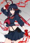  1girl absurdres black_hair black_shirt black_skirt blue_eyes breasts closed_mouth cowboy_shot eyebrows_visible_through_hair fingerless_gloves gloves hair_between_eyes highres holding holding_sword holding_weapon kill_la_kill light_blush looking_at_viewer matoi_ryuuko medium_hair multicolored_hair navel pleated_skirt red_gloves red_lightning redhead sakotach school_uniform scissor_blade senketsu shirt skirt smug solo streaked_hair sword thighs two-tone_hair weapon 