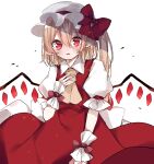  1girl ascot blonde_hair blush bow collared_shirt cowboy_shot flandre_scarlet hair_between_eyes hand_on_own_chest hat hat_bow highres long_hair looking_at_viewer mob_cap nekomoti open_mouth pointy_ears puffy_short_sleeves puffy_sleeves red_bow red_eyes red_ribbon red_skirt red_vest ribbon shirt short_sleeves side_ponytail skirt skirt_set solo touhou vest white_background white_headwear white_shirt wings wrist_cuffs yellow_ascot 