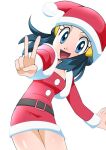  1girl belt blue_eyes blue_hair christmas hainchu hair_ornament hairclip hat hikari_(pokemon) long_hair looking_at_viewer open_mouth pokemon pokemon_(game) pokemon_dppt santa_hat simple_background skirt smile solo v white_background 