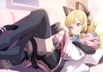  1girl absurdres animal_ear_headphones black_legwear black_skirt blonde_hair blue_archive blue_necktie chamu_(chammkue) closed_mouth coat collared_shirt commentary_request couch halo highres long_hair momoi_(blue_archive) necktie nintendo_switch red_eyes shirt sitting_sideways skirt smile solo tail thigh-highs tongue tongue_out v-shaped_eyebrows white_coat white_shirt 