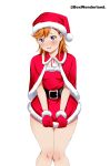  1girl absurdres angel_gabriel. belt blush christmas dress embarrassed hat highres looking_at_viewer love_live! love_live!_superstar!! orange_hair red_dress santa_costume santa_dress santa_hat shibuya_kanon short_dress short_hair skirt_hold solo violet_eyes 