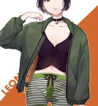  1girl akikuriii arm_at_side bad_id bad_pixiv_id black_hair black_shirt bob_cut closed_mouth collarbone copyright_name cowboy_shot drawstring green_eyes green_jacket green_shorts hand_up highres jacket leon_the_professional mathilda_lando midriff navel open_mouth orange_background pendant_choker shirt short_hair shorts solo striped striped_shorts thigh_gap white_background 