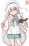  1girl alternate_costume angel_wings artist_logo blue_bow blue_bowtie blue_eyes blue_skirt bow bowtie cape commentary_request cowboy_shot dated dress hibiki_(kancolle) kanon_(kurogane_knights) kantai_collection long_hair looking_at_viewer one-hour_drawing_challenge pleated_dress silver_hair simple_background skirt solo verniy_(kancolle) white_background white_cape white_headwear wings 
