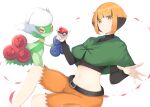  1girl belt black_belt black_hair breasts closed_mouth commentary_request crop_top gardenia_(pokemon) highres holding holding_poke_ball multicolored_hair navel orange_eyes orange_hair petals poke_ball poke_ball_(basic) pokemon pokemon_(creature) pokemon_(game) pokemon_dppt poncho preste roserade short_hair shorts smile two-tone_hair w_arms 