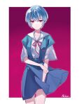  1girl akikuriii artist_name ayanami_rei bad_id bad_pixiv_id bangs blue_hair clothes_lift collarbone cowboy_shot dress dress_shirt gradient gradient_background hand_on_own_arm holding holding_clothes holding_skirt looking_at_viewer neck_ribbon neon_genesis_evangelion pinafore_dress purple_background red_eyes red_ribbon ribbon school_uniform shirt short_hair short_sleeves signature skirt skirt_lift solo white_shirt wind wind_lift 