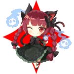  1girl animal_ear_fluff animal_ears black_legwear bow braid cat_ears cat_tail chibi dress fang floral_print ghost green_dress highres hitodama holding holding_skull kaenbyou_rin kuraudo leg_ribbon long_hair multiple_tails one_eye_closed red_eyes redhead ribbon simple_background skull slit_pupils smile solo star_(symbol) tail touhou twin_braids two_tails 