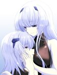  2girls breasts collarbone cryska_barchenowa eyebrows_visible_through_hair gradient gradient_background hand_on_another&#039;s_face highres hug inia_sestina kamon_rider large_breasts looking_down multiple_girls muvluv muvluv_alternative muvluv_total_eclipse open_mouth purple_background silver_hair smile violet_eyes 