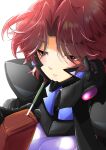  1girl bangs black_gloves eyebrows_visible_through_hair fortified_suit gloves highres isumi_michiru juice_box kamon_rider looking_down muvluv muvluv_alternative parted_bangs pilot_suit portrait red_eyes redhead solo 