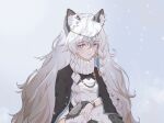  1girl animal_ear_fluff animal_ears arknights braid cape eyebrows_visible_through_hair grey_eyes highres jewelry leopard_ears leopard_girl leopard_tail light_blush long_hair looking_at_viewer necklace pramanix_(arknights) snow solo tail turtleneck twin_braids upper_body watch watch white_hair yiyizi 