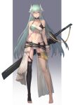  1girl alternate_costume bikini black_bikini breasts dragon_girl dragon_horns fate/grand_order fate_(series) full_body green_bikini green_hair horns kiyohime_(fate) large_breasts long_hair multi-strapped_bikini multicolored_bikini multicolored_clothes multiple_horns navel oukawa_yuu scabbard sheath sheathed solo standing swimsuit sword very_long_hair weapon white_bikini yellow_eyes 