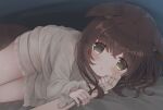  1boy 1girl animal_ear_fluff animal_ears bangs blush brown_eyes brown_hair eyebrows_visible_through_hair loli long_hair looking_at_viewer lying on_side original psyche3313 solo_focus tail under_covers 