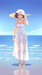  1girl absurdres blue_eyes blue_sky brown_hair clouds commission dress gloamy hand_on_headwear hat highres horizon looking_at_viewer ocean original reflection see-through_dress see-through_silhouette short_hair sky smile solo straw_hat sundress thighs translucent water 