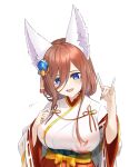  1girl :d animal_ears bangs blue_eyes blush breasts brown_hair fox_ears fox_girl fox_shadow_puppet go-toubun_no_hanayome hair_between_eyes highres japanese_clothes kimono large_breasts leaf_print long_hair looking_at_viewer maple_leaf_print mitsugu nakano_miku smile solo white_background 