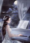  1girl battle_through_the_heavens black_hair curtains dress full_moon hair_ornament highres instrument moon night piano tree weibo_id weibo_logo yun_yun_(battle_through_the_heavens) yun_yun_guan_bo 