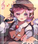  1girl animal_ears bangs bird_ears bird_wings bow bowtie brown_dress brown_headwear commentary_request dress eyebrows_visible_through_hair feathered_wings fingernails hat highres juliet_sleeves long_fingernails long_sleeves meimei_(meimei89008309) microphone mob_cap music mystia_lorelei open_mouth pink_eyes pink_hair puffy_sleeves sharp_fingernails shirt short_hair singing touhou upper_body white_bow white_bowtie white_shirt white_wings winged_hat wings 
