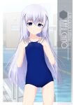  1girl artist_name blue_eyes blue_swimsuit character_name commentary_request competition_school_swimsuit cowboy_shot flat_chest gochuumon_wa_usagi_desu_ka? hair_ornament hands_on_own_chest highres inaba_shiki kafuu_chino light_blue_hair long_hair looking_at_viewer pool_ladder poolside school_swimsuit solo standing swimsuit x_hair_ornament 