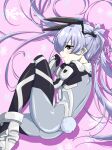  1girl ass blue_eyes blush bodysuit eyebrows_visible_through_hair fake_tail fortified_suit grey_bodysuit hair_behind_ear highres kamon_rider long_hair looking_at_viewer lying muvluv muvluv_alternative muvluv_alternative_(anime) on_side pink_background rabbit_tail silver_hair smile snowflakes solo tail twintails yashiro_kasumi 