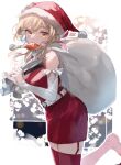  1girl bag belt blonde_hair boots chicken_(food) commentary_request dress eyebrows_visible_through_hair food genshin_impact gloves hair_between_eyes hat highres looking_at_viewer lumine_(genshin_impact) red_dress santa_costume santa_gloves santa_hat solo thigh-highs umemegn white_background yellow_eyes 