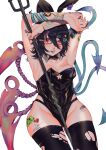  absurdres animal_ears armpits arms_up asymmetrical_wings barcode black_hair black_legwear breasts graffiti highres houjuu_nue playboy_bunny polearm rabbit_ears red_eyes small_breasts sticker tattoo thigh-highs torn_clothes torn_legwear touhou trident weapon wings yamazaki_tsukune 