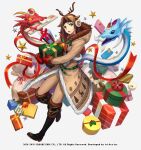  1boy animal_ears antlers ashton_anchors bangs bell black_footwear black_headband boots bow brown_coat brown_hair brown_pants christmas coat deer_ears earmuffs fake_facial_hair fake_mustache full_body gift green_belt green_bow hat headband holding holding_gift holly kijimoto_yuuhi knee_boots male_focus mini_hat official_art pants parted_bangs red_bow red_headwear red_ribbon ribbon sack santa_hat simple_background solo star_(symbol) star_ocean star_ocean_anamnesis star_ocean_the_second_story white_background yellow_bow 