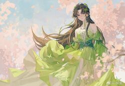  1girl baiguio_(jade_dynasty) brown_hair daylight919 dress earrings green_dress jade_dynasty jewelry leaf legs long_hair long_skirt skirt smile thighs very_long_hair 