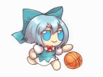  1girl ball bangs basketball big_eyes blue_bow blue_dress blue_eyes blue_hair blue_ribbon bow character_doll chibi cirno closed_mouth collar dress fumo_(doll) hair_bow highres looking_afar neck_ribbon pinafore_dress playing_sports puffy_short_sleeves puffy_sleeves red_bow red_ribbon ribbon running shirt short_hair short_sleeves simple_background skullchimes smile solo sport twitter_username v-shaped_eyebrows white_background white_collar white_shirt white_sleeves 