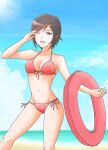  1girl ;d absurdres ass_visible_through_thighs beach bikini blue_sky breasts brown_hair clouds front-tie_top grey_eyes groin hand_in_hair highres innertube medium_breasts navel ocean one_eye_closed pink_bikini ruby_rose rwby short_hair sky smile solo swimsuit tsukimizake 