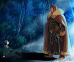  2boys are_you_my_master armor beard breastplate cape cleavage_cutout clothing_cutout eye_contact facial_hair fate/zero fate_(series) forest full_body fur-trimmed_cape fur_trim iskandar_(fate) kikuyarou looking_at_another male_focus mature_male moonlight multiple_boys muscular muscular_male nature red_cape red_eyes redhead short_hair size_difference standing waver_velvet 