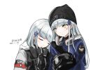  2girls agent_416_(girls&#039;_frontline) artist_name bangs black_headwear blush closed_eyes closed_mouth dated eyebrows_visible_through_hair gas_mask girls_frontline green_eyes hair_ornament hairclip hat helmet highres hk416_(fang)_(girls&#039;_frontline) hk416_(girls&#039;_frontline) holding holding_helmet jacket light_blue_hair long_hair looking_at_another mask mask_around_neck multiple_girls police police_hat police_uniform sakatakin teardrop_facial_mark teardrop_tattoo uniform upper_body white_background 