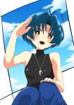  1girl antenna_hair bangs blue_eyes blue_pants blush breasts brown_eyes clouds eyebrows_visible_through_hair hand_on_own_knee head_tilt highres jewelry kamon_rider looking_at_viewer muvluv muvluv_alternative necklace open_mouth pants parted_bangs salute sky small_breasts smile solo yoroi_mikoto 