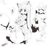 1girl animal_ears bag character_request christmas closed_mouth dress ejami fairy hat heart heart_hands house league_of_legends long_hair looking_at_viewer monochrome skirt smile snow thigh-highs 