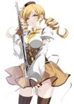  1girl absurdres beret blonde_hair drill_hair hair_ornament hat highres long_hair magical_girl mahou_shoujo_madoka_magica misteor short_hair solo thigh-highs tomoe_mami twin_drills twintails weapon yellow_eyes 