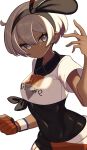  1girl bangs bea_(pokemon) black_bodysuit black_hairband bodysuit bodysuit_under_clothes bow_hairband clenched_hand closed_mouth collared_shirt commentary dark-skinned_female dark_skin dynamax_band eyelashes gloves grey_eyes grey_hair hair_between_eyes hairband highres nuneno partially_fingerless_gloves pokemon pokemon_(game) pokemon_swsh print_shirt shiny shiny_clothes shirt short_hair short_sleeves single_glove solo 