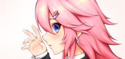  1girl :o bangs beige_background black_jacket blush earrings hair_ornament hairpin highres higokumaru honkai_(series) honkai_impact_3rd jacket jewelry long_hair long_sleeves looking_at_viewer looking_to_the_side mao_de_hei_ying nail_polish open_mouth pink_hair pink_nails school_uniform simple_background solo violet_eyes yae_sakura 