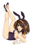  1girl absurdres animal_ears bangs bare_shoulders black_leotard blush breasts brown_eyes brown_hair detached_collar eyebrows_visible_through_hair full_body hair_ornament hairband haruhisky high_heels highleg highleg_leotard highres legs_up leotard looking_at_viewer lying medium_breasts no_legwear one_eye_closed open_mouth playboy_bunny rabbit_ears rabbit_tail shiny shiny_clothes shiny_hair shiny_skin short_hair simple_background smile solo strapless strapless_leotard suzumiya_haruhi suzumiya_haruhi_no_yuuutsu tail thighs white_background wrist_cuffs 