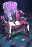  1girl arcane:_league_of_legends asymmetrical_bangs bangs belt blue_hair blue_nails braid breasts bubble_blowing chair chewing_gum crop_top cupcake deadnooodles fingerless_gloves food gatling_gun gloves graffiti gun hair_over_one_eye handgun highres holding holding_gun holding_weapon jinx_(league_of_legends) knee_up league_of_legends long_hair looking_at_viewer lying midriff multicolored_nails navel on_back on_chair paint pants pink_nails pistol red_eyes small_breasts solo striped striped_legwear symbol-only_commentary twin_braids very_long_hair weapon 
