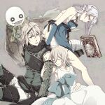  aikana bandages breasts brother_and_sister closed_eyes closed_mouth dress emil_(nier) flower gloves grimoire_weiss hair_ornament kaine_(nier) lingerie long_hair medium_breasts medium_hair multiple_boys multiple_girls negligee nier nier_(series) nier_(young) siblings silver_hair simple_background smile underwear white_dress white_hair yonah 