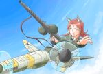  1girl absurdres animal_ears ass_visible_through_thighs blue_sky brown_eyes brown_hair clouds dog_ears double_brid dutch_angle gun highres machine_gun mg42 military military_uniform minna-dietlinde_wilcke open_mouth outstretched_arm sky sling solo strike_witches striker_unit tsukimizake uniform weapon world_witches_series 
