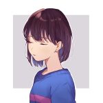  1other akikuriii androgynous bad_id bad_pixiv_id bangs blue_shirt bob_cut brown_hair closed_eyes eyelashes frisk_(undertale) grey_background hair_strand highres long_sleeves outside_border parted_lips portrait shirt short_hair solo striped striped_shirt undertale 