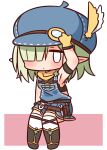  1girl aoi_(princess_connect!) arm_up armpits bare_shoulders black_footwear black_tank_top blank_eyes blue_headwear blush boots cabbie_hat chibi closed_mouth feathers full_body gloves green_hair hair_over_one_eye hana_kazari hat hat_feather highres looking_at_viewer overall_skirt pink_background pointy_ears princess_connect! sitting solo tank_top thigh-highs thighhighs_under_boots two-tone_background white_background white_feathers white_legwear yellow_feathers yellow_gloves 