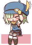  &gt;_&lt; 1girl aoi_(princess_connect!) arm_up armpits bare_shoulders black_footwear black_tank_top blue_headwear blush boots cabbie_hat chibi closed_eyes facing_viewer feathers full_body gloves green_hair hair_over_one_eye hana_kazari hat hat_feather highres open_mouth overall_skirt pink_background pointy_ears princess_connect! sitting solo tank_top thigh-highs thighhighs_under_boots two-tone_background white_background white_feathers white_legwear yellow_feathers yellow_gloves 