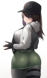  1girl :o ass bangs blush breasts brown_hair dima_(girls&#039;_frontline) eyebrows_visible_through_hair genderswap genderswap_(mtf) girls_frontline gloves grey_eyes hat highres hood hoodie ka941 large_breasts long_hair looking_at_viewer looking_back pantyhose pencil_skirt ponytail sidelocks skin_tight skindentation skirt solo thigh_strap vest 