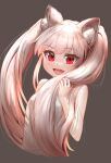  :d animal_ear_fluff animal_ears bangs bare_arms bare_shoulders braco brown_background dress eyebrows_visible_through_hair fang happy highres long_hair looking_at_viewer nanaha_rui nightgown pink_hair red_eyes skin_fang smile twintails upper_body wactor_production white_dress 