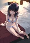  1girl bare_arms bare_shoulders barefoot bed black_hair blue_bra blue_panties bra breasts collarbone frilled_bra frilled_panties frills highres indoors lingerie long_hair looking_at_viewer medium_breasts navel on_bed original panties red_eyes sitting solo stomach thighs unasaka_ryou underwear underwear_only 