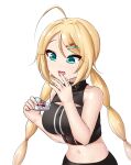  1girl ahoge black_pants black_shirt black_survival blonde_hair blue_eyes breasts cleavage_cutout clothing_cutout crop_top licking licking_finger medium_breasts midriff navel nicky_blake pants shirt simple_background solo twintails wasun96 white_background 
